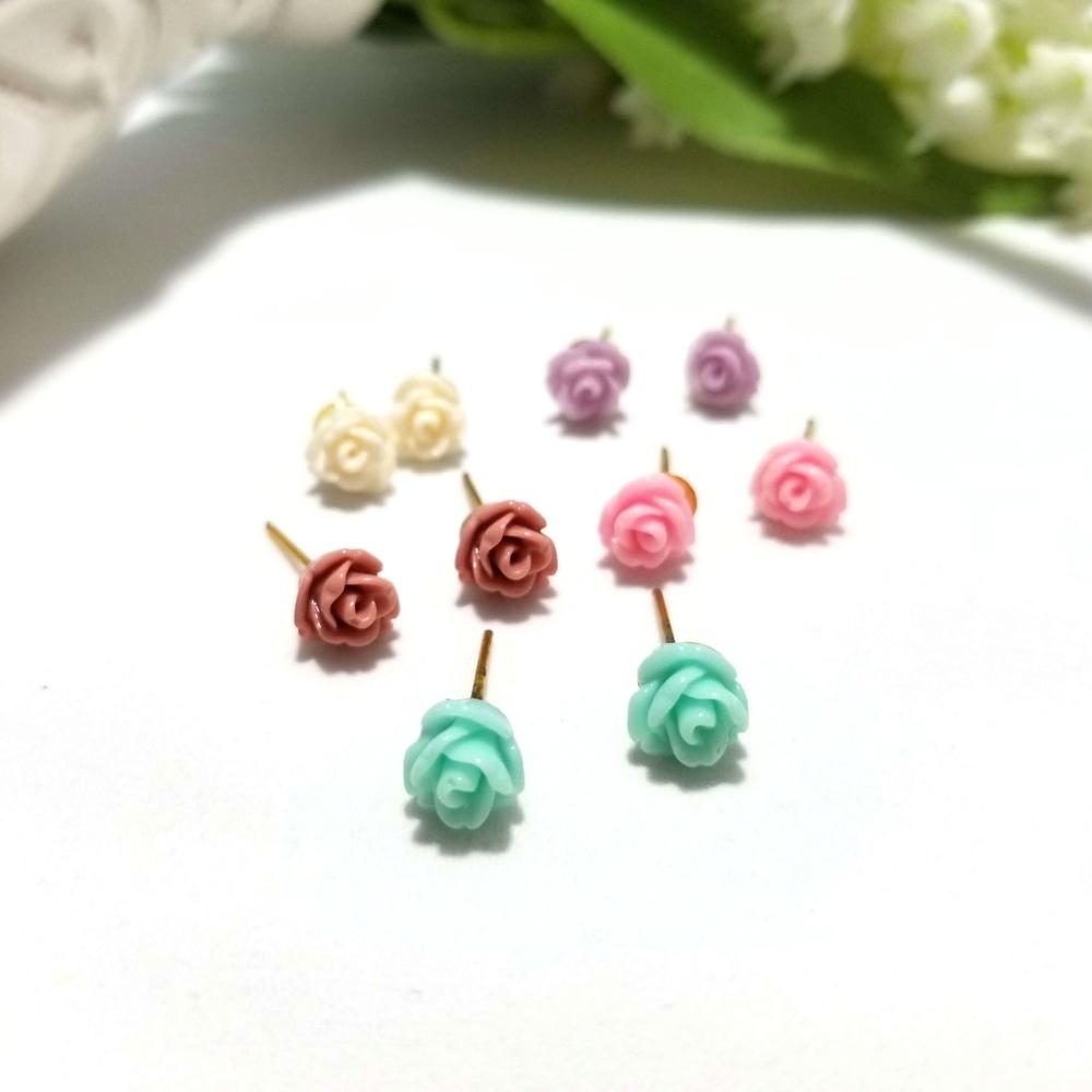 Pastel colored Resin rose earring studs | 5 pairs